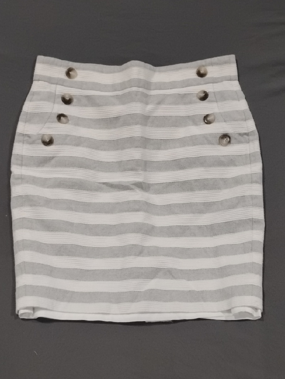 LOFT White and Light Gray Striped Button-Accent Pencil Skirt